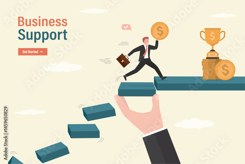 Business coach hand supporting businessman to climbing to right way from falling down business, teamwork helping from crisis to successful business. Smart man help male colleague