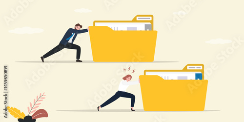 Enterprising business people pushing folders. Winning business strategy. Better portfolio give results and advantages. Effective business plan and strategy. Gender equality.