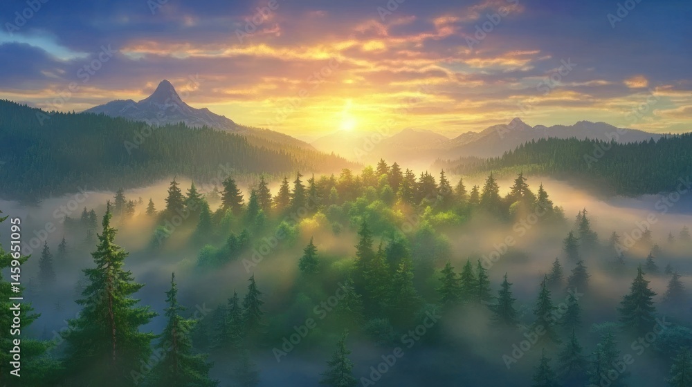 Fototapeta premium Majestic Sunrise Over Misty Mountain Forest