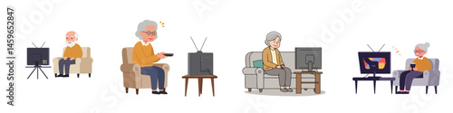 Golden Age Entertainment: An elderly individual is immersed in the world of entertainment, comfortably seated and engrossed in the visual narrative on a retro television screen