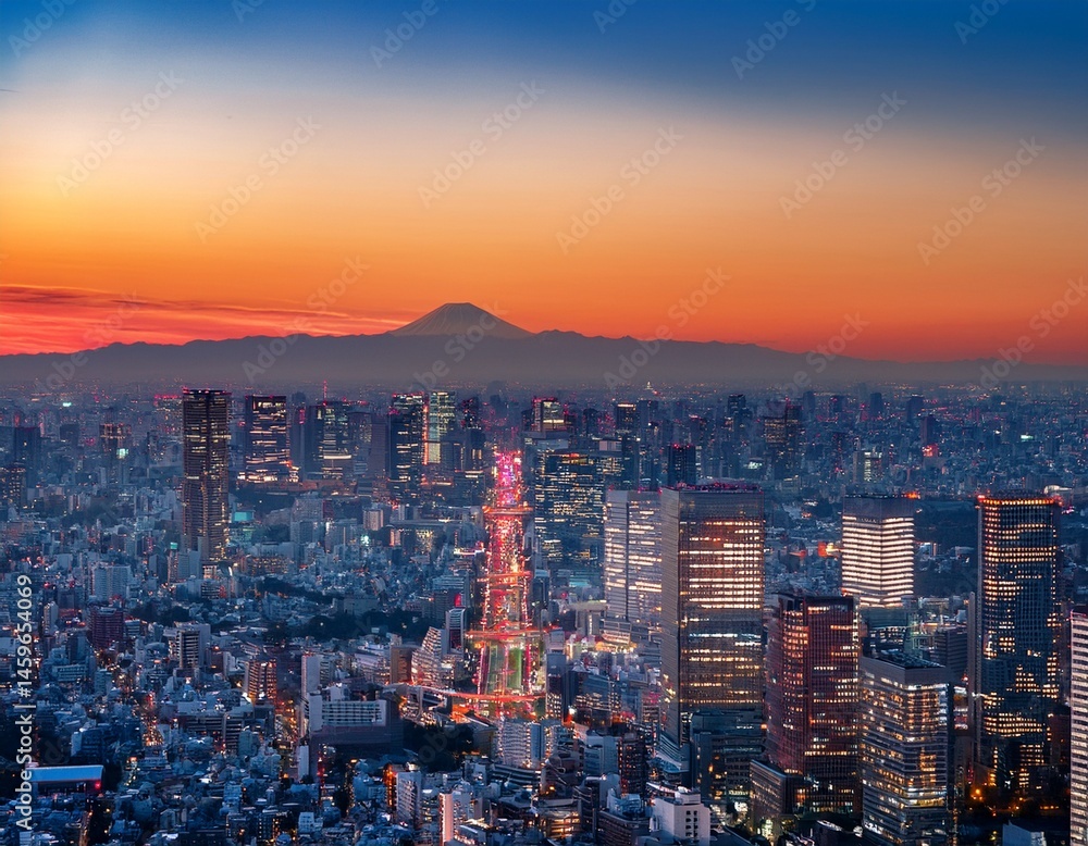 Fototapeta premium a breathtaking aerial view of tokyo at dusk showcasing the city s vibrant lights and skyscrapers against the backdrop of mount fuji