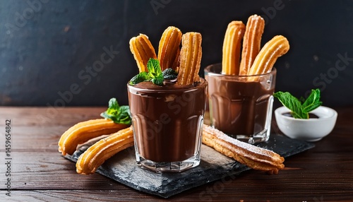 famous food of spanish concept delicious churros with chocolate drink and mint garnish on a wooden table