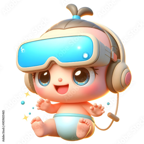 Cute baby character wearing virtual reality glasses and floating, 3d illustration with smiling face isolated on white background