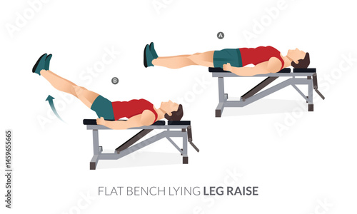 FLAT BENCH LYING LEG RAISE, Men GYM workout fitness, aerobic and exercises.
