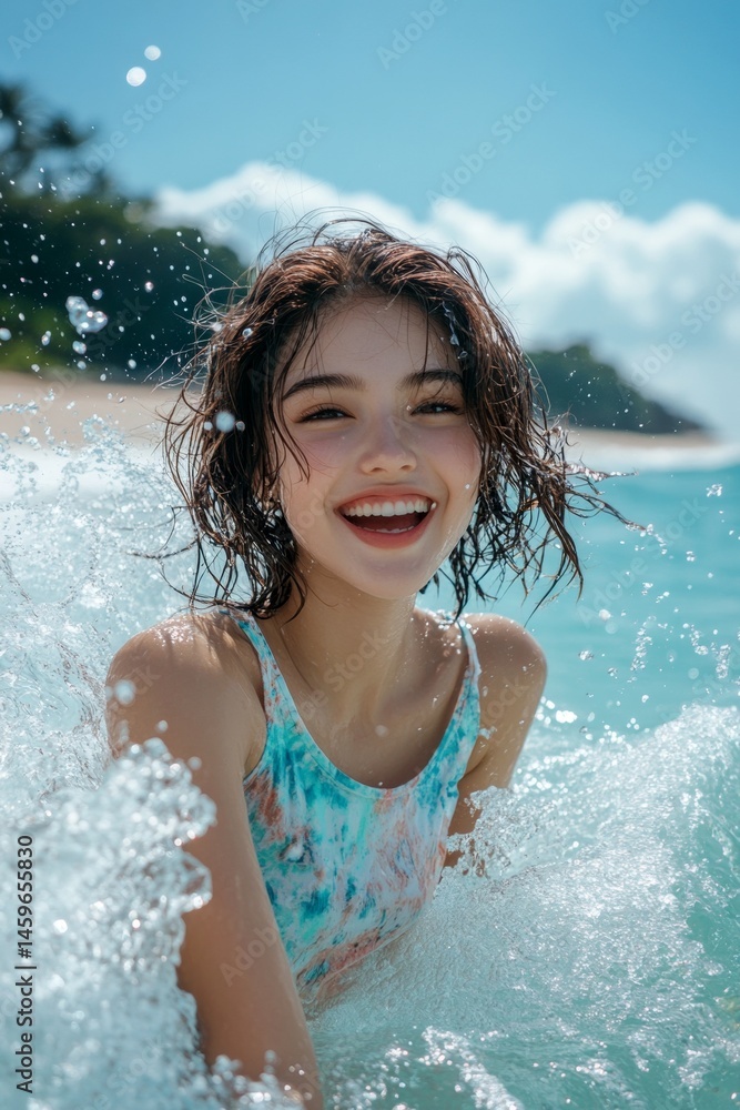 Obraz premium Stunning and hot happy asian young woman in multi-color tight t-shirt enjoying turquoise sea, splashes around her. Happy stress-free trip getaway conceptual art. Bright Ñommercial style.
