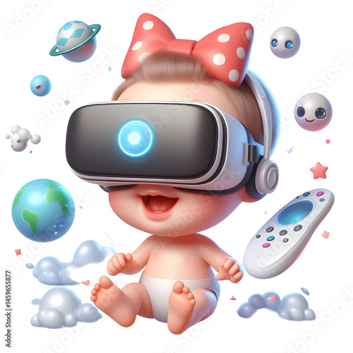 Cute baby character wearing virtual reality glasses and floating, 3d illustration with smiling face isolated on white background