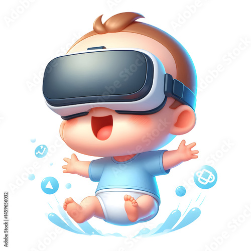 Cute baby character wearing virtual reality glasses and floating, 3d illustration with smiling face isolated on white background
