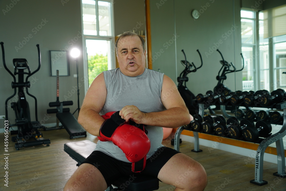 Elderly Caucasian man with a fat belly wearing gym clothes wearing red gloves practicing boxing and punching doing exercises for health and lose weight in a fitness centere.