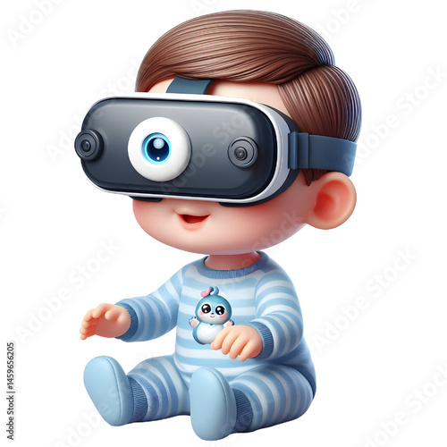 Cute baby character wearing virtual reality glasses and floating, 3d illustration with smiling face isolated on white background