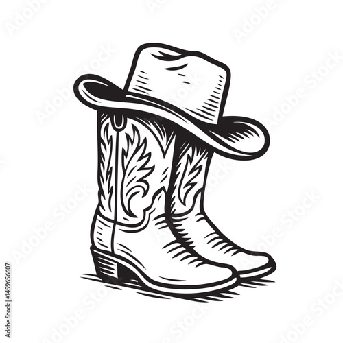 Vintage Cowboy Boots and Hat Vector – Western Rodeo Style Line Art Illustration