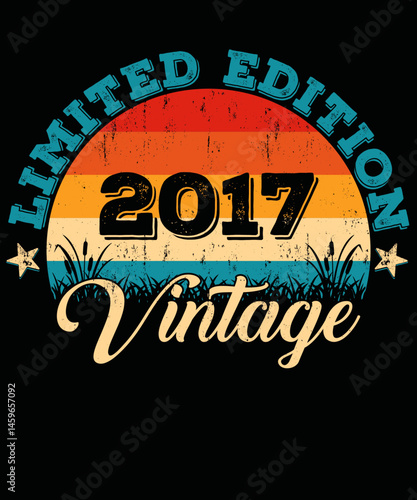 Retro vintage  Limited Edition 2017 Vintage t-shirt design vector for t-shirts Mugs Sublimation designs, Circle sunset Distressed PNG, Print on demand copy