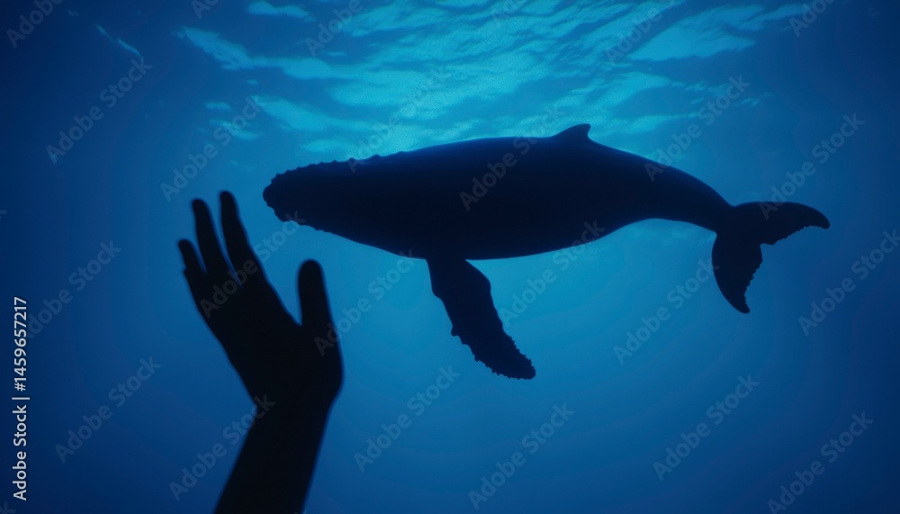 Fototapeta premium Whale Underwater, Human Hand