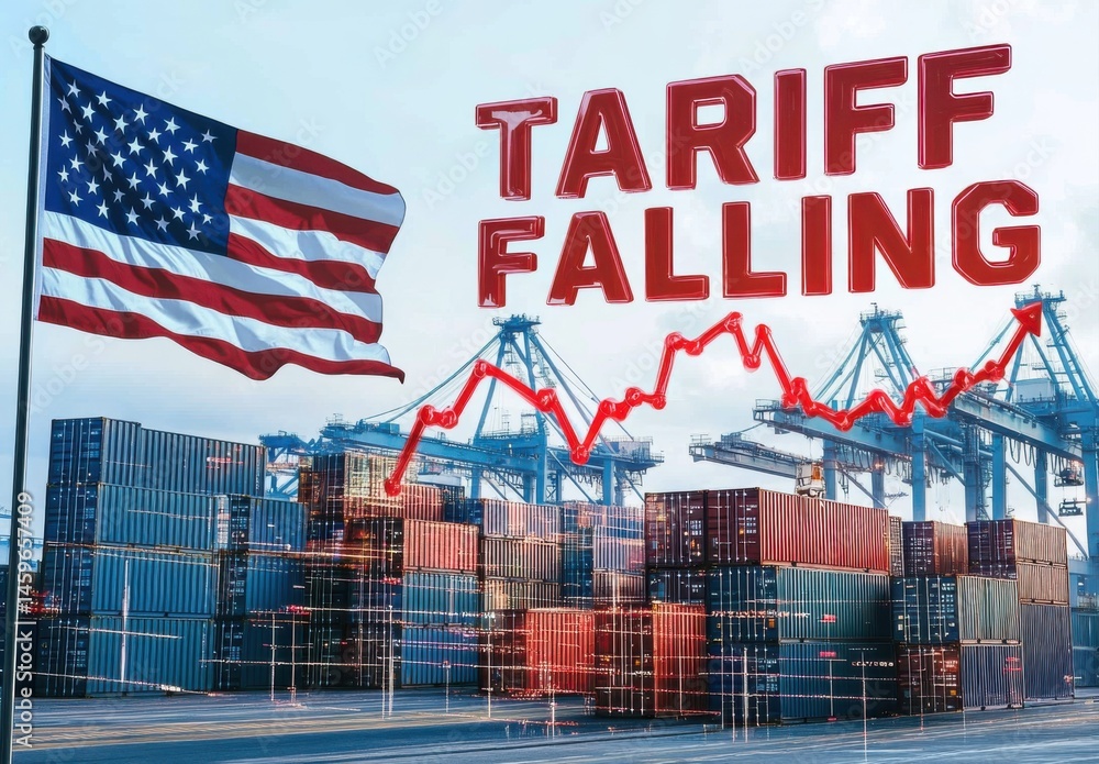 American flag and tariffs sign symbolize economic decline amid trade conflict American flag and tariffs sign symbolize economic decline amid trade conflict