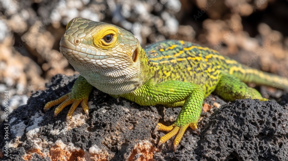 Obraz premium Close-up of a Green and Yellow Lizard on a Rock