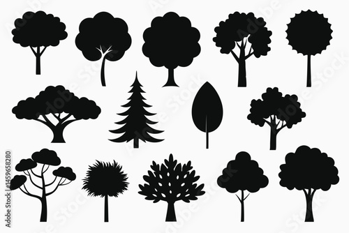 Diverse Tree Vector Icons – Mixed Forest and Nature Tree Silhouettes