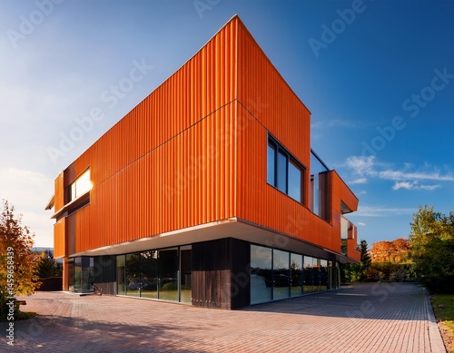 modern building with orange facade and large windows showcasing contemporary architecture design