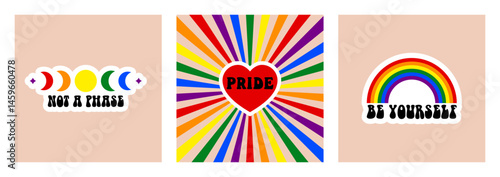 Set of retro posters for LGBTQIA Pride Month. Social media post with groovy queer slogans and phrase. Vector illustration