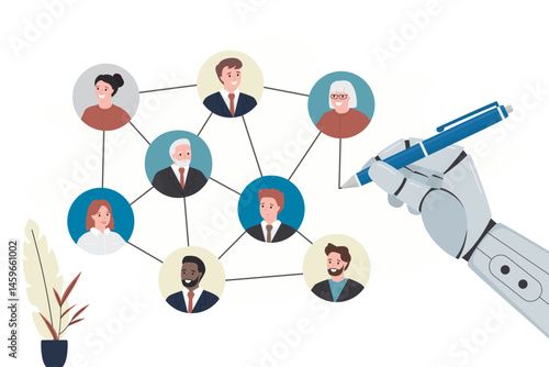 Robot arm connecting line with chart or business people community. AI chat bot uses pen connect team or friends, social media or business connection for success concept