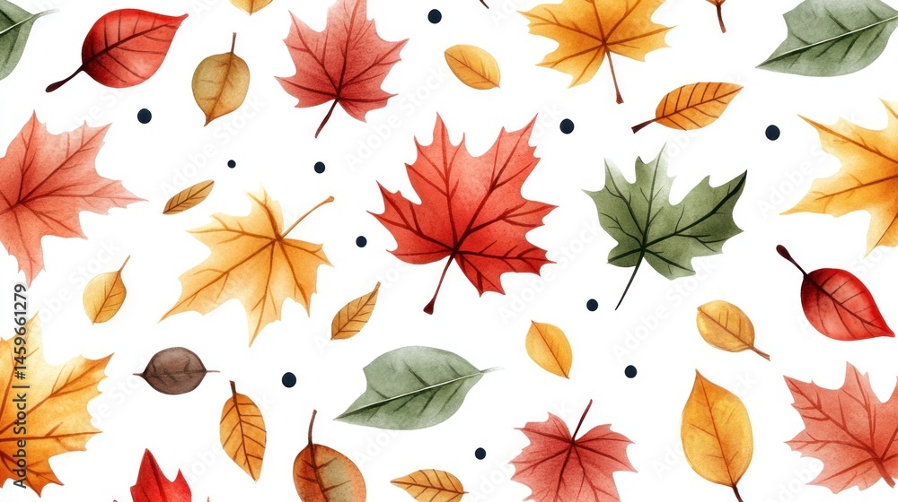 Fototapeta premium Autumn Leaves Watercolor Seamless Pattern: A Vibrant Fall Design