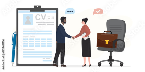 Job recruitment and hiring concept, hr agent select new staff. Woman boss and male employee shake hands. We are hiring. HR manager and applicant. CV, resume.