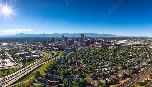 aerial panorama of denver showcasing the vibrant downtown skyline extending to the serene outskirts and majestic distant mountains under a clear sky