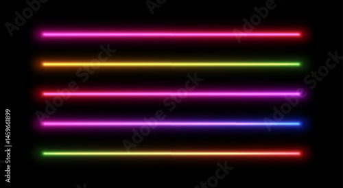 Neon line light. Glow of led tube. Colorful fluorescent strip. Vector set of laser dividers isolated on black background.