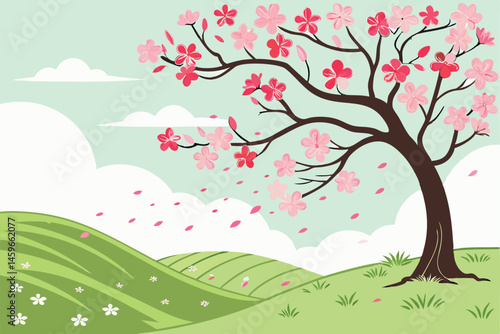 85 Spring landscape, cherry blossom tree, rolling green hills, blue sky, fluffy white clouds, vibrant colors, peaceful scenery, digital art style, wide panorama, soft lighting, bloom season, nature il
