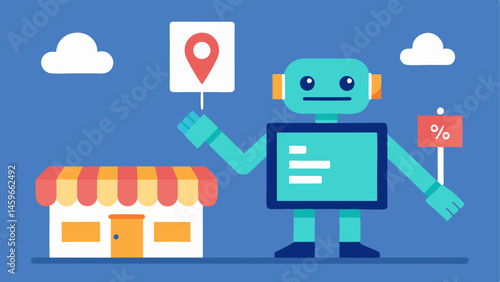 Sales Map A robot displaying a digital map of the store on its screen highlighting sections with big discounts. The customer follows the robot looking excited.