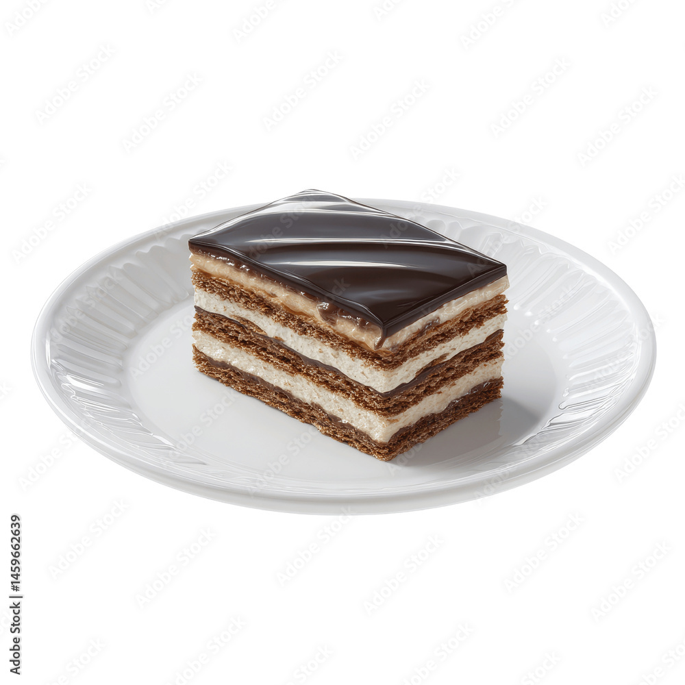 Delicious Chocolate Fudge Layer Cake on White Plate Delicious Chocolate Fudge Layer Cake on White Plate