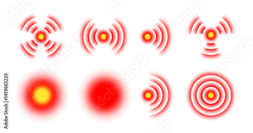 Red circle pain icon. Point for illustration of target of sore muscles, stomach or head. Set of vector elements for demonstration of joint inflammation.