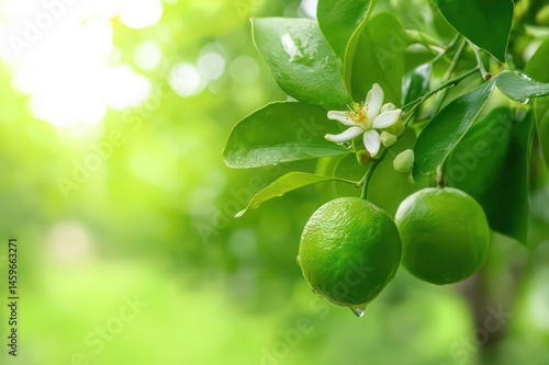 Wallpaper Mural Close-up green lime with flower hanging on tree in lime farm Torontodigital.ca