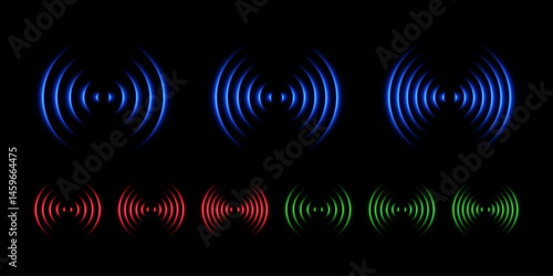 Sound wave neon light effect. Echo with concentric laser glow. Vector set of elements in blue, green and red.