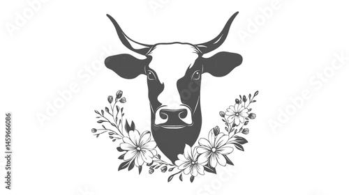 Cow Head Illustration with Floral Wreath in Black and White Minimal Vector Design Style