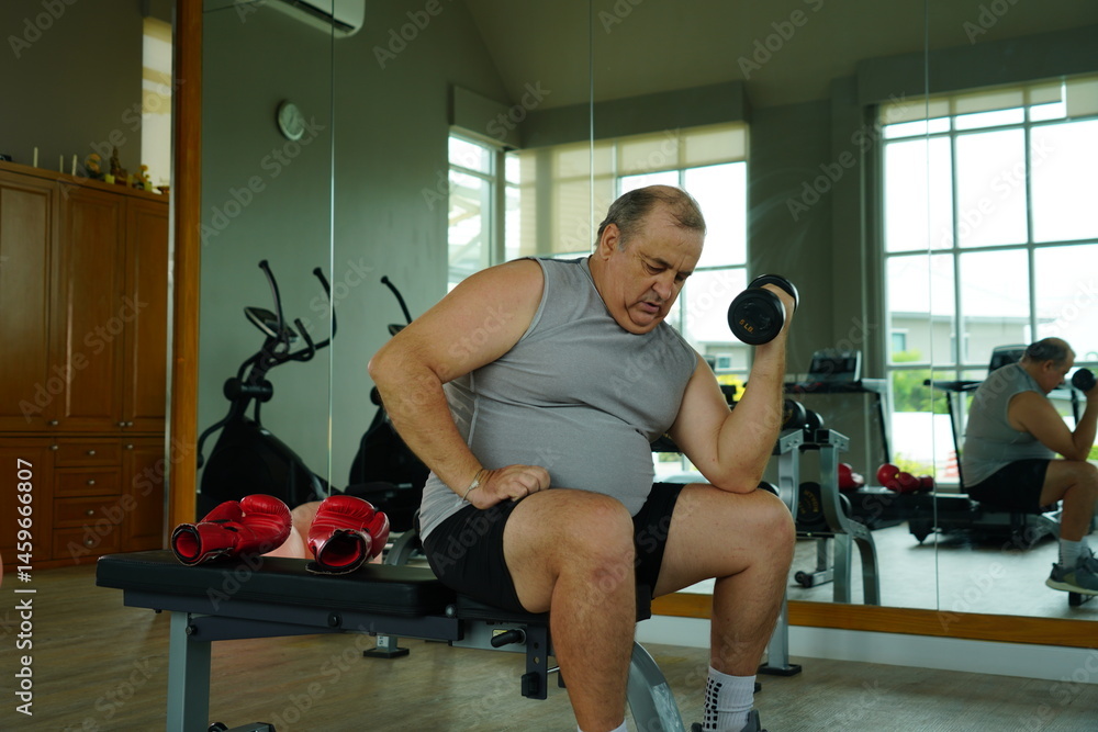 Elderly Caucasian man with a fat belly wearing gym clothes lifting dumbbells doing exercises to build muscle for health and lose weight in a fitness center Health and wellness concept