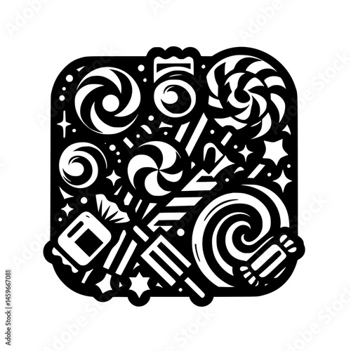 Stylized Black & White Candy Graphic: Lollipop, Swirls, & Sweets.