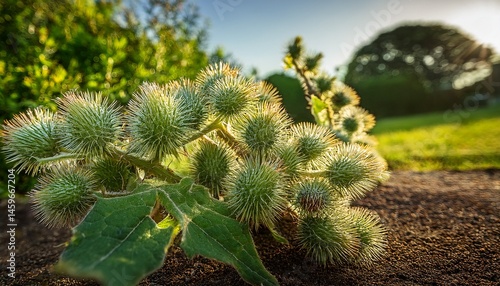 close up view of rough cocklebur plant surrounded by lush garden background emphasizing textures and nature in spring