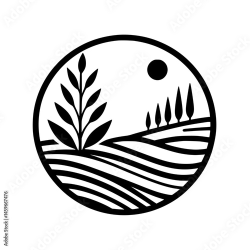 Minimalist Tuscan Landscape Silhouette, Circle Emblem