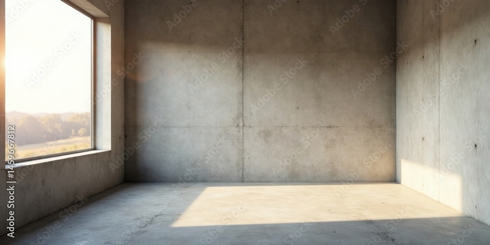 Empty Concrete Room with Sunlight Streaming Through a Large Window Showing a Pastoral Landscape Empty Concrete Room with Sunlight Streaming Through a Large Window Showing a Pastoral Landscape