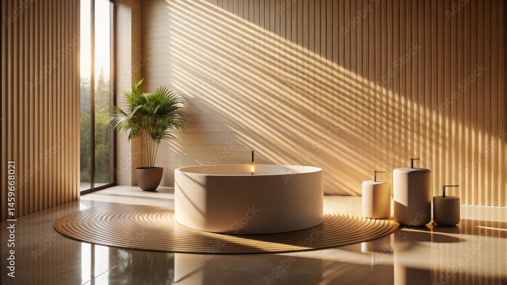 Serene Minimalist Bathroom Design with Warm Sunlight Streaming Through Window, Featuring a Freestanding Tub and Elegant Accessories on a Circular Wooden Mat Serene Minimalist Bathroom Design with Warm Sunlight Streaming Through Window, Featuring a Freestanding Tub and Elegant Accessories on a Circular Wooden Mat