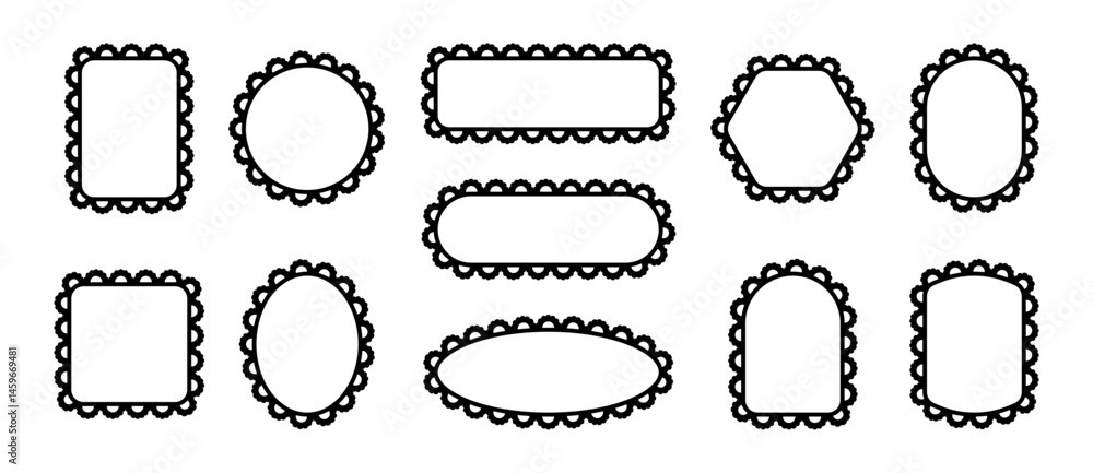 Scallop edge frames. Square, rectangle and round lace borders. Set of black vector blank elements isolated on white background. Scallop edge frames. Square, rectangle and round lace borders. Set of black vector blank elements isolated on white background.