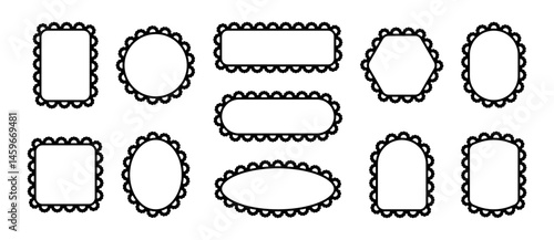 Scallop edge frames. Square, rectangle and round lace borders. Set of black vector blank elements isolated on white background.