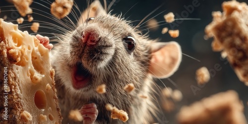 Cute Rat Enjoying Cheese with Flying Bread Crumbs