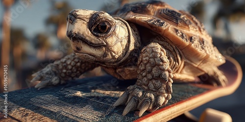 Adorable Turtle Skateboarding in Nature Park Illustration