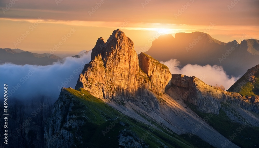 Fototapeta premium dramatic mountain peak at sunrise misty dramatic landscape rugged peak