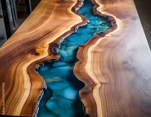 close view of a live edge elm burl slab table top featuring a central epoxy resin river merging natural wood with synthetic material