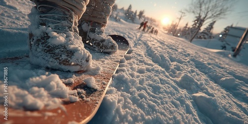 Snowboarder's Feet and Snowboard in Fresh Snow