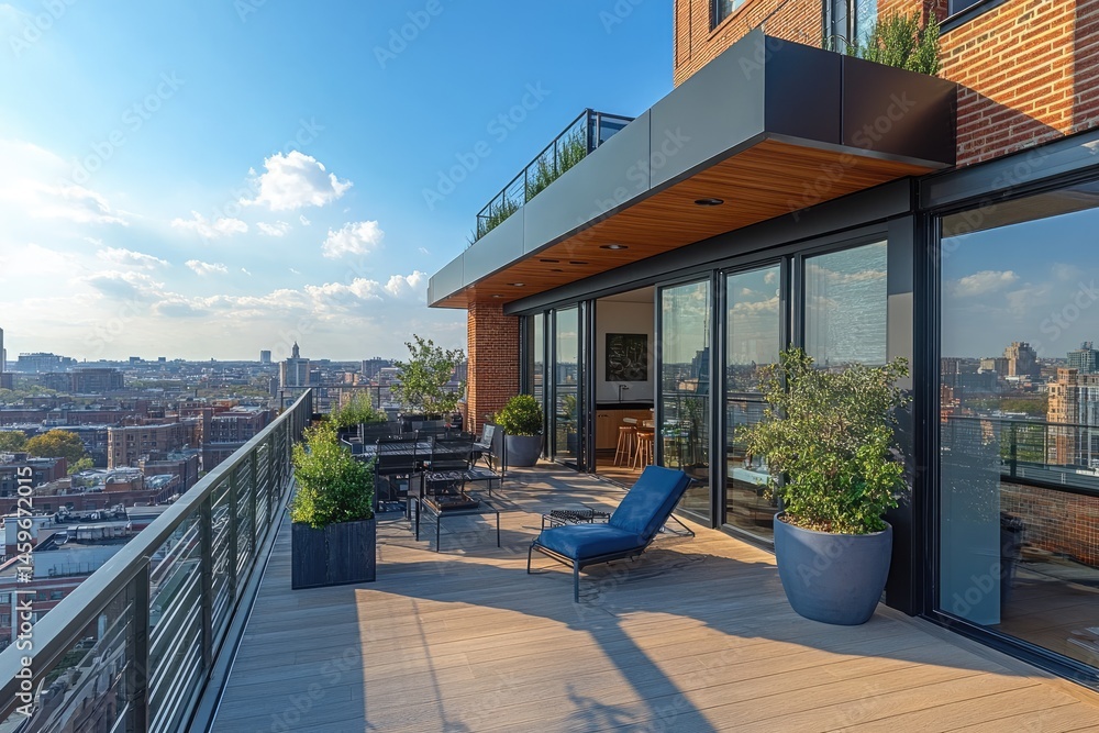 Fototapeta premium Rooftop terrace with city view, outdoor furniture, sunset