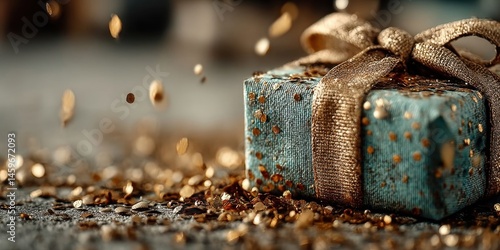 Elegant Blue Gift Box with Gold Ribbon and Falling Confetti on Cyan Background