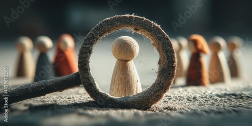 Magnifying Glass Highlighting Single Wooden Figure in Group of Five