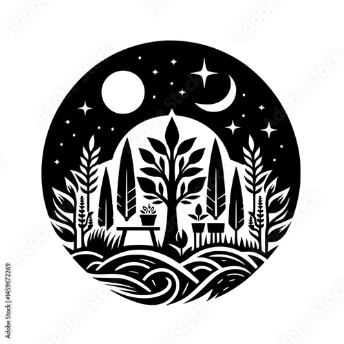 Night Garden Circle: Black and White Silhouette, Moonlit Nature Scene